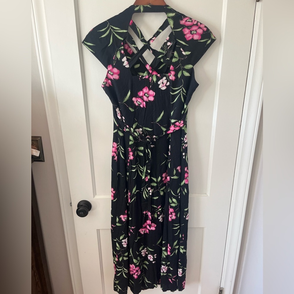 VTG 90S DRESSBARN moody pink Floral Black button dress cross back sz 8 50s 60s - Picture 6 of 11